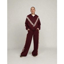 Loco Loco 09-15 Yaş Arası Kız Çocuk 2 Iplik Güpürlü Pantolon Sweat Takım - Bordo