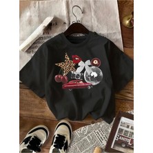 Mercoledi Vintage Araba Disco Topu Kiraz Baskılı Oversize Tişört