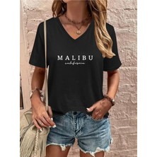 Mercoledi Malıbu Baskılı Kadın Oversize V Yaka T-Shırt