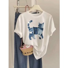 Mercoledi Denim Kedi Baskılı Oversize Bisiklet Yaka T-Shirt