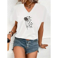 Mercoledi Just Breathe Baskılı Kadın Oversize V Yaka T-Shırt