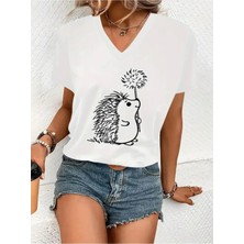 Mercoledi Kirpi Baskılı Kadın Oversize V Yaka T-Shırt