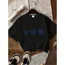 Mercoledi Deniz Yıldızı & Deniz Kabuğu & Çiçek Baskılı Oversize Bisiklet Yaka T-Shirt