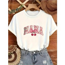 Mercoledi Mama Cherry Baskılı Oversize Bisiklet Yaka T-Shirt