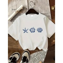 Mercoledi Deniz Yıldızı & Deniz Kabuğu & Çiçek Baskılı Oversize Bisiklet Yaka T-Shirt