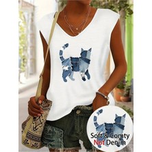 Mercoledi Kedi Baskılı Kadın Oversize Kolsuz T-Shırt