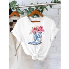 Mercoledi Çiçekli Çizme Tasarım Baskılı Oversize Bisiklet Yaka T-Shirt