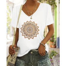 Mercoledi V Yaka Oversize Mandala Baskılı Tişört