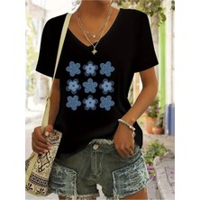 Mercoledi Denim Çiçek Baskılı Kadın Oversize V Yaka T-Shırt