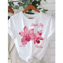 Mercoledi Simple Joy Çiçek Baskılı Oversize Bisiklet Yaka T-Shirt