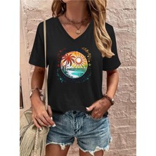 Mercoledi Palmiye & Sun Baskılı Kadın Oversize V Yaka T-Shırt