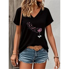 Mercoledi Renkli Uçan Tüyler Baskılı Kadın Oversize V Yaka T-Shırt