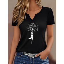 Mercoledi Kadın Yoga Ağaç Baskılı Yarım V-Yaka Kollu Regular Kalıp Rahat T-Shirt