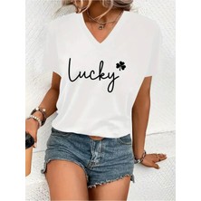 Mercoledi Lucky Baskılı Kadın Oversize V Yaka T-Shırt