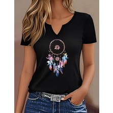 Mercoledi Kadın Dream Catcher Baskılı Yarım V-Yaka Kollu Regular Kalıp Rahat T-Shirt