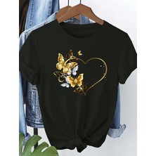 Mercoledi Kelebekli Gold Kalp Baskılı Oversize Bisiklet Yaka T-Shirt