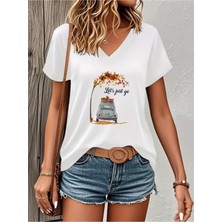Mercoledi Let's Just Go Baskılı Kadın Oversize V Yaka T-Shırt