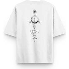 Overoz Spritüel Sembol Denge Kozmik Enerji Sırt Baskılı Unisex Beyaz Yarı Oversize Tshirt 1353