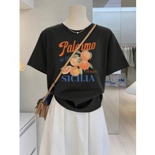 Mercoledi Palermo Baskılı Oversize Bisiklet Yaka T-Shirt