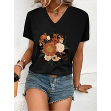 Mercoledi Çiçek Baskılı Kadın Oversize V Yaka T-Shırt