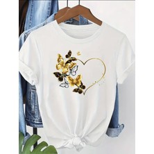 Mercoledi Kelebekli Gold Kalp Baskılı Oversize Bisiklet Yaka T-Shirt