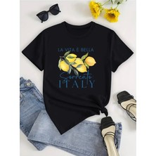 Mercoledi La Vita Bella Baskılı Oversize Bisiklet Yaka T-Shirt