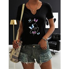 Mercoledi Kadın Kelebek Baskılı Yarım V-Yaka Kollu Regular Kalıp Rahat T-Shirt