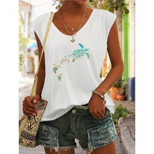 Mercoledi Kaplumbağa Baskılı Kadın Oversize Kolsuz T-Shırt