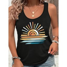 Mercoledi Kadın Kolsuz Baskılı Yuvarlak Yaka Üst T-Shirt
