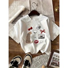 Mercoledi Leopar&kiraz&martini&kaset&kurdele Baskılı Oversize T-Shirt