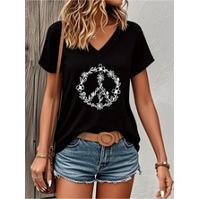 Mercoledi Peace Flowers Baskılı Kadın Oversize V Yaka T-Shırt