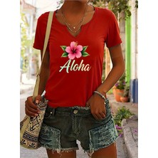 Mercoledi Kadın Aloha Baskılı Yarım V-Yaka Kollu Regular Kalıp Rahat T-Shirt