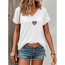 Mercoledi Leopar Kalp Baskılı Kadın Oversize V Yaka T-Shırt