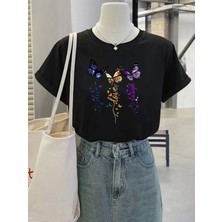 Mercoledi Live Love Laugh Kelebek Baskılı Oversize Bisiklet Yaka T-Shirt