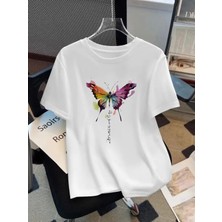 Mercoledi Suluboya Kelebek Baskılı Oversize Bisiklet Yaka T-Shirt