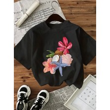 Mercoledi Deniz Yıldızı ve Çiçek Baskılı Oversize Bisiklet Yaka T-Shirt