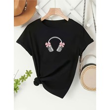 Mercoledi Kurdeleli Kulaklık Baskılı Oversize Bisiklet Yaka T-Shirt