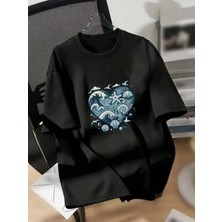 Mercoledi Kalp Baskılı Oversize Bisiklet Yaka T-Shirt