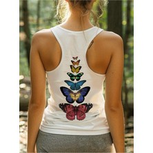 Mercoledi Kadın Sırt Kelebek Baskılı Slim Fit Oyuk Yaka Yüzücü Atlet T-Shirt