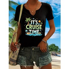 Mercoledi Kadın Cruise Time Baskılı Yarım V-Yaka Kollu Regular Kalıp Rahat T-Shirt