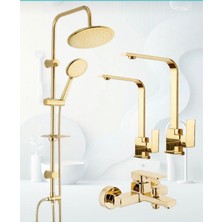 Gold Yuvarlak Robot Gold Kare Evye-Lavabo-Banyo Bataryası 4’lü Set