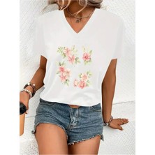 Mercoledi Çiçek Baskılı Kadın Oversize V Yaka T-Shırt