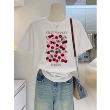 Mercoledi Fruit Market Cherry Baskılı Oversize Bisiklet Yaka T-Shirt