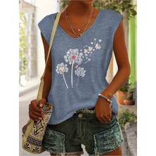 Mercoledi Renkli Hindiba Baskılı Kadın Oversize Kolsuz T-Shırt