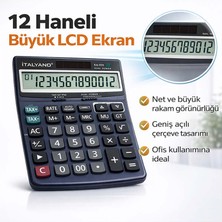 İtalyano 12 Haneli LCD Ekran Fonksiyonlu Büyük Hesap Makinesi Çift Güçlü (Güneş + Pil) (Geriye Doğru 100 Adım Kontrol)