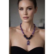 Solare Accessories Doğal Ametist & Akik Taşlı Özel Tasarım - Altın Kaplama Vintage Doğal Taşlı Kolye