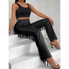 Livizmir Moda Kadın Yüksek Bel Yanlardan Püsküllü Deri Pantolon