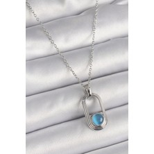 Esranın Dünyası 316L Çelik Gümüş Renk Zincir Mavi Kedi Göz Model Kadın Kolye RSEBJ34-ESRDNS