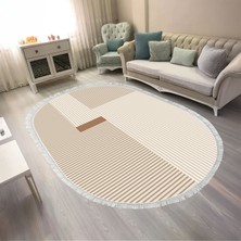 Kaymaz Yıkanabilir Dijital Baskılı Salon Halısı Trend Saçaklı Oval Geometrik AL4050