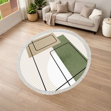 Kaymaz Yıkanabilir Dijital Baskılı Salon Halısı Yıldız Deri Saçaklı Yuvarlak Geometrik AL4052